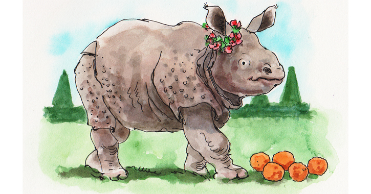 Painting of Clara the Rhino (CR Rhinoceros image courtesy of R. Michelson Galleries)